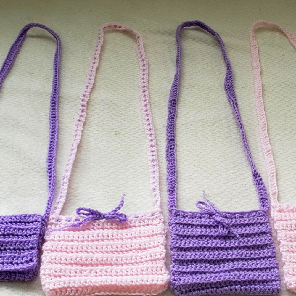Small crochet purses, crossbody bag, purple are sold, I have pink and one black
